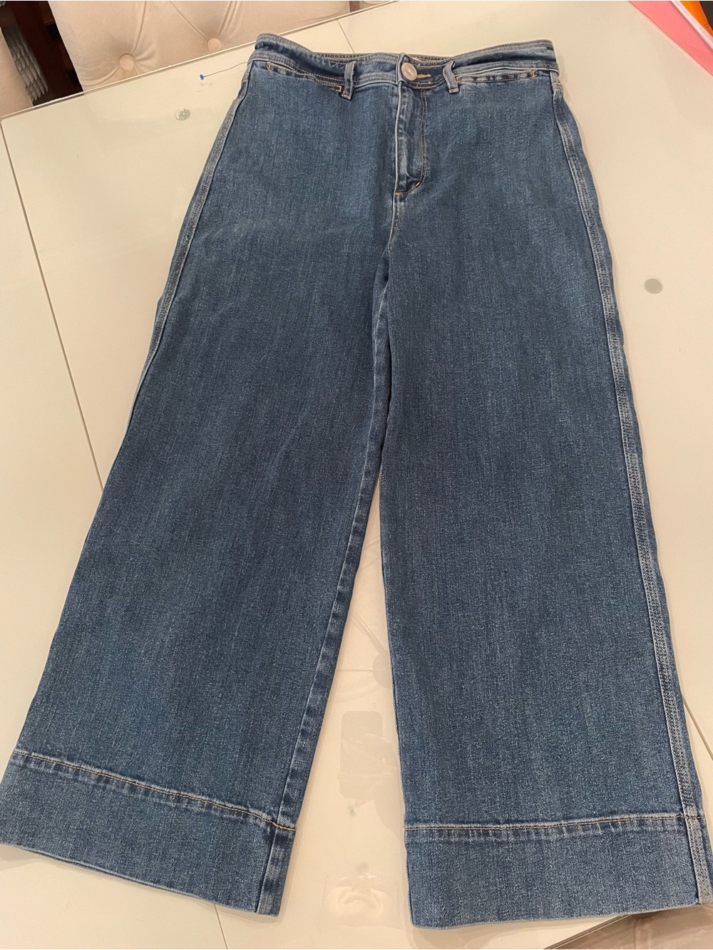 LOFT Wide Leg Flared Jeans in Medium Blue Denim